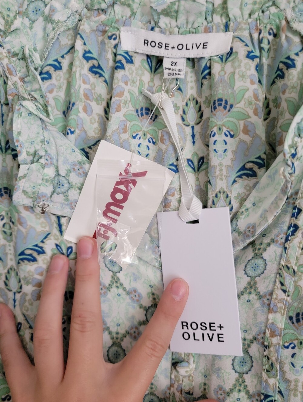 Rose & Olive Mint and Blue Floral Ruffle-Trim Blouse - Picture 2 of 8
